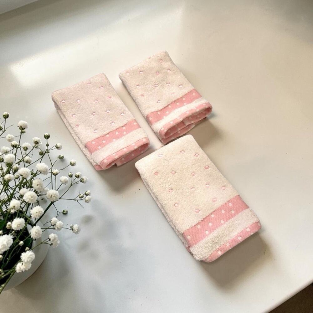 VINTAGE Casaba Hand Towels White With Pink Polka Dot SET Of 3 Made in Turkey